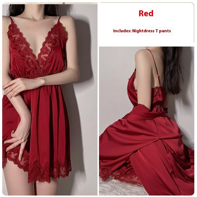 Sexy Deep V Thin Pajamas Lace See-through Slip Nightdress Lace-up Outerwear Gown Homewear Suit