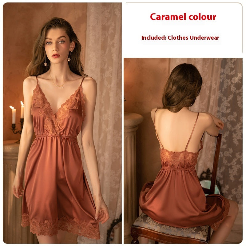 Sexy Deep V Thin Pajamas Lace See-through Slip Nightdress Lace-up Outerwear Gown Homewear Suit