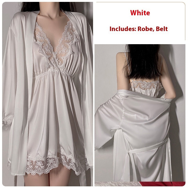 Sexy Deep V Thin Pajamas Lace See-through Slip Nightdress Lace-up Outerwear Gown Homewear Suit