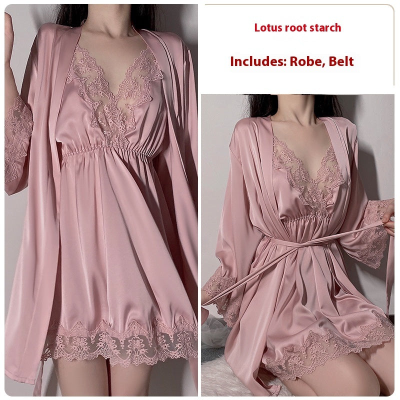 Sexy Deep V Thin Pajamas Lace See-through Slip Nightdress Lace-up Outerwear Gown Homewear Suit