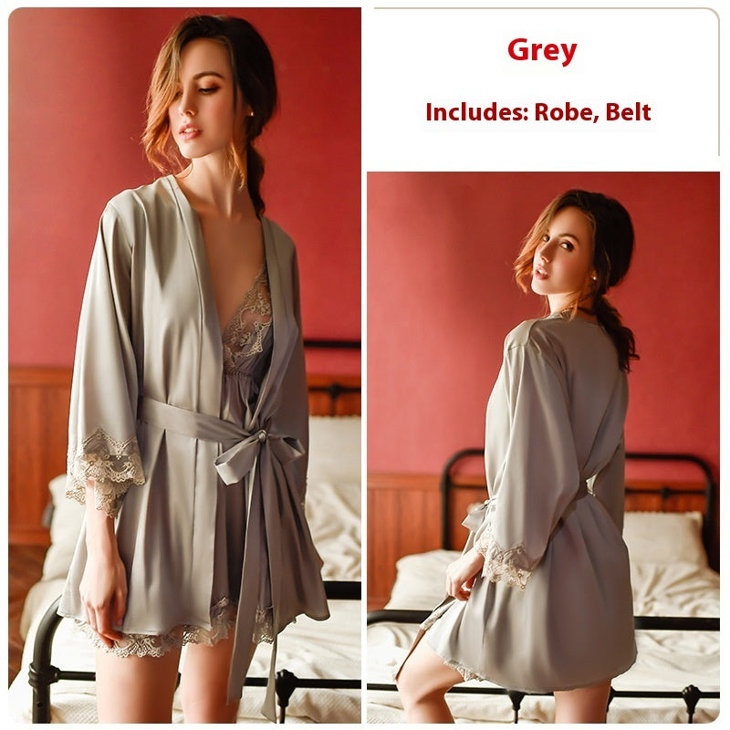 Sexy Deep V Thin Pajamas Lace See-through Slip Nightdress Lace-up Outerwear Gown Homewear Suit