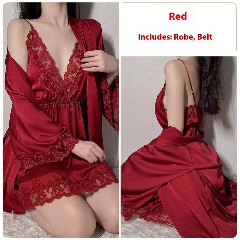 Sexy Deep V Thin Pajamas Lace See-through Slip Nightdress Lace-up Outerwear Gown Homewear Suit